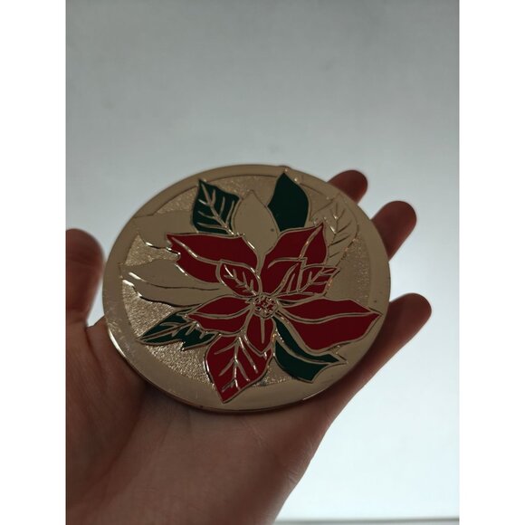 Set Of 4 Vintage Japan Brass Enamel Poinsettia Coasters 4" Velvet Back Christmas - Picture 7 of 7